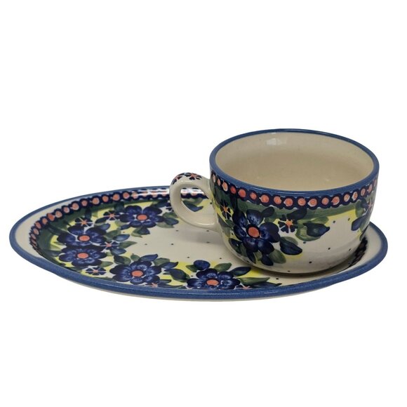 Ceramika Wiza Floral Polish Pottery Mug & Oval Snack Tray Saucer Set Hand Made - Picture 1 of 15